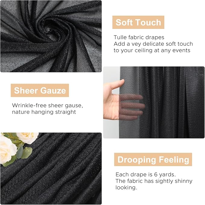 Wokceer Wedding Arch Draping 2 Panels 28.7" x 20FT Black Sheer Fabric Backdrop - Image 2