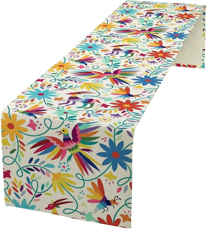 Mexican Table Runner, Boho Colorful Nature Inspired Flowers and Birds Table by Unknown