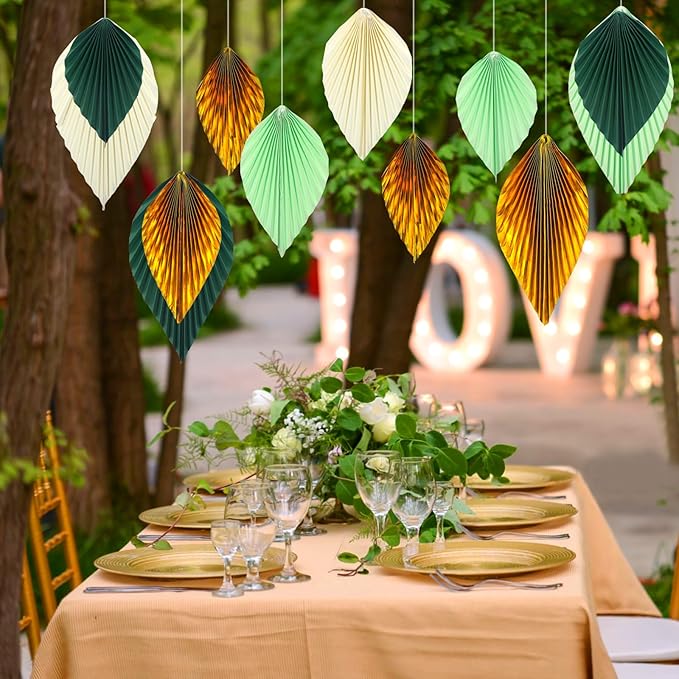ADLKGG Green Gold Hanging Paper Leaves Wall Backdrop Decor, Paper Palm Leaves - Image 3
