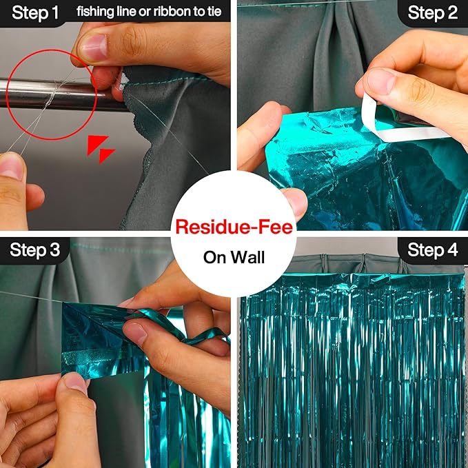 PartyWoo Foil Curtain 2 pcs, 3.3x6.6 ft Metallic Peacock Blue Tinsel Curtains - Image 3