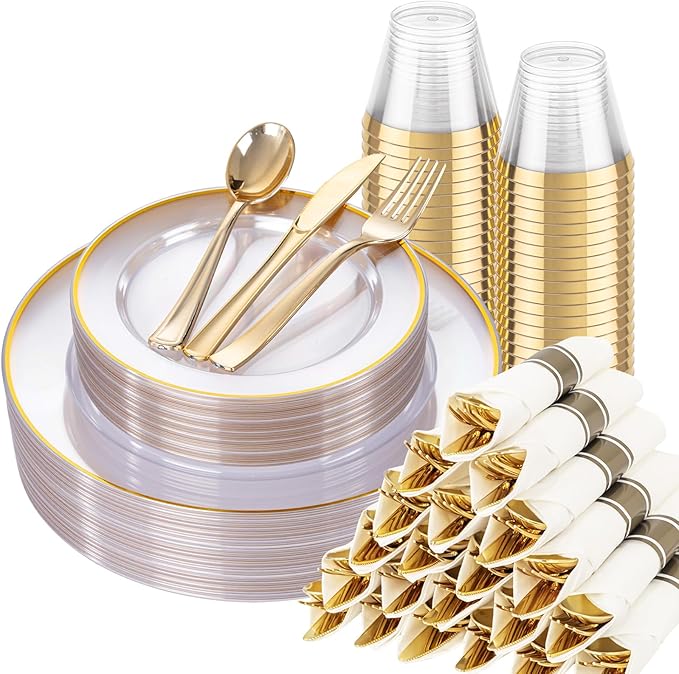 SUT 175 Pcs Gold and Clear Plastic Dinnerware Set by SeeYouTomorrow