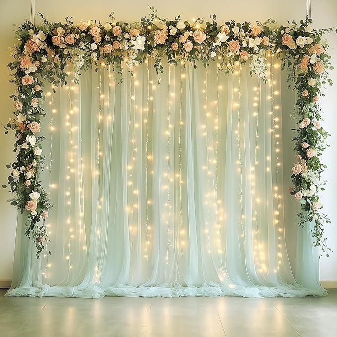 Tulle Backdrop Curtain with Lights String 10FT X 10FT Sage Green Sheer Tulle by Xiomot