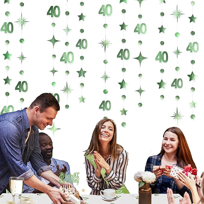 Sage Green 40th Birthday Decorations Number 40 Circle Dot Twinkle Star Garland - Image 3