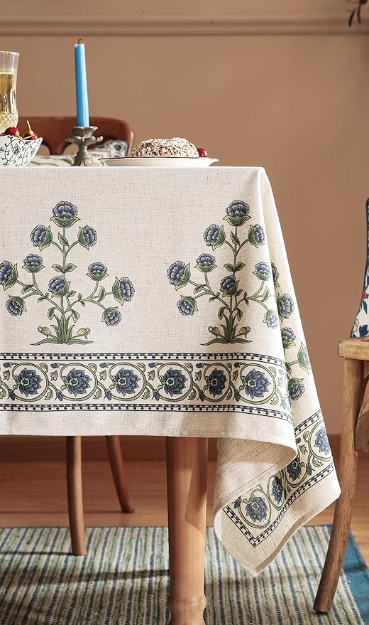 patdrea Designer Small Blue Square Tablecloth Table, Vintage Linen Leaves - Image 4