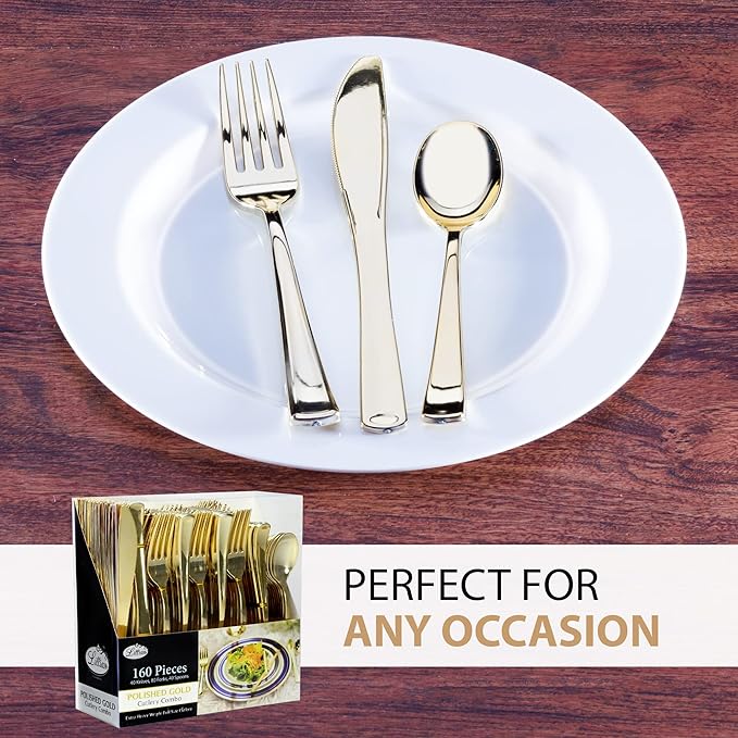 Gold Plastic Silverware Set, Extra Heavy Duty Flatware, Disposable Cutlery - Image 9