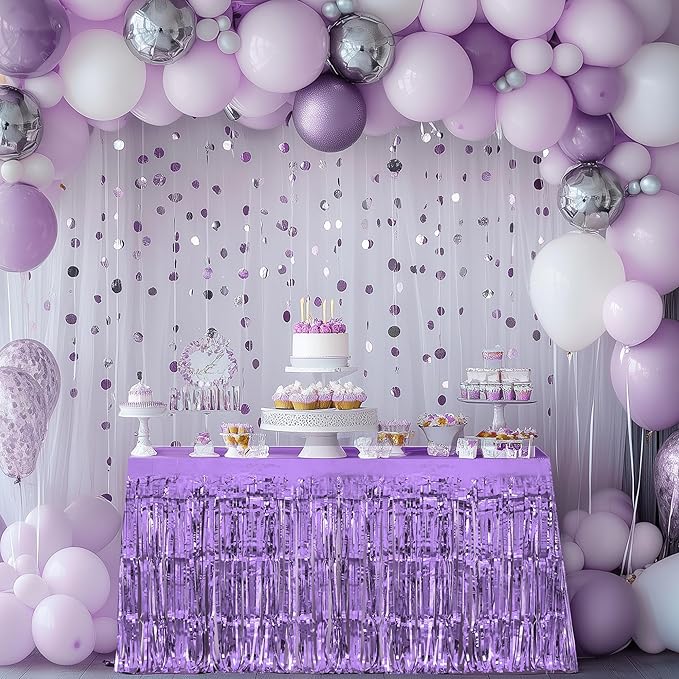 4 Pack Light Purple Table Skirts, 29x108" Metallic Foil Tinsel Fringe Table - Image 2