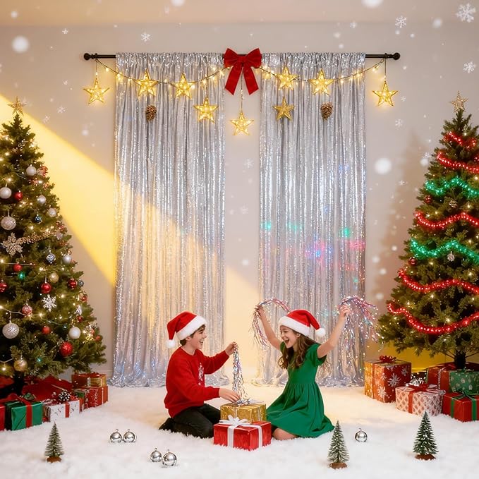 Silver Sequin Backdrop 2 Panels 2FTx8FT Christmas Party Backdrop Curtains - Image 2