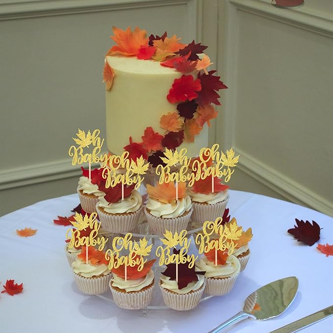24 PCS Maple Leaf Oh Baby Cupcake Toppers Glitter Fall Baby Shower Cupcake Picks - Image 3