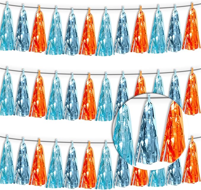 3P Lake Blue Light Blue-Orange Metallic Fringe Tassel Banner Garland Foil by Xuuf