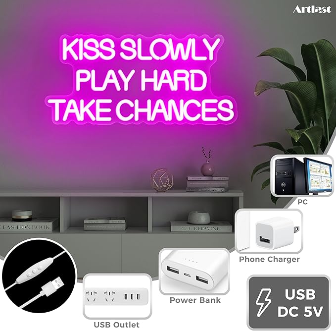 Kiss Slowly Play Hard Take Chances Neon Sign Pink LED Light Inspirational Wall - Image 3