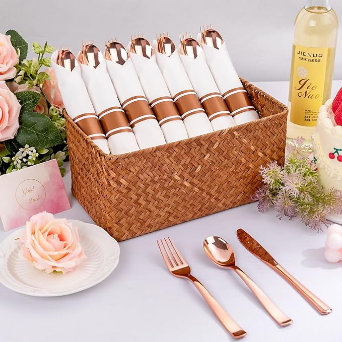 50Guests Pre Rolled Rose Gold Plastic Silverware Sets - Image 4