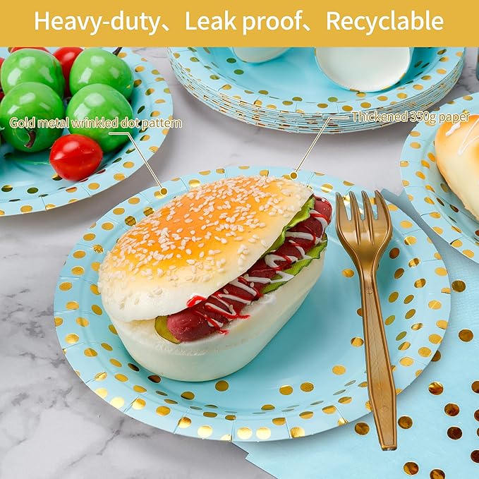 Sveikie160 Pcs blue And Gold Paper Plates, Birthday Cake Party Plates And - Image 4