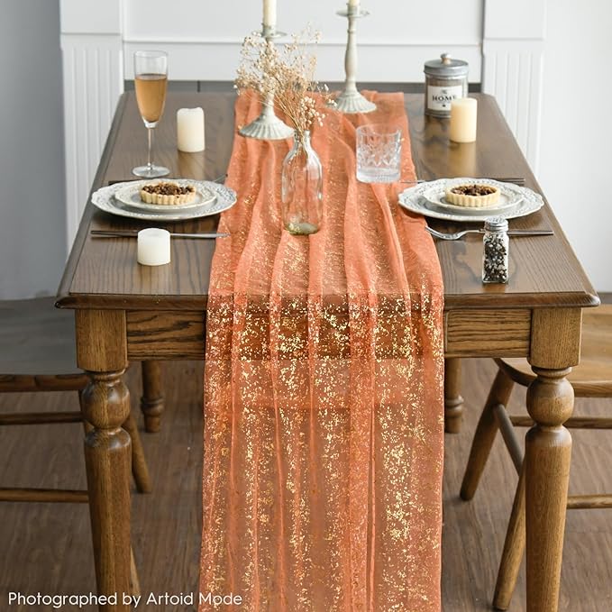 Artoid Mode Orange Gold Gauze Table Runner 120 Inch 10FT, Glitter Metallic Foil - Image 6