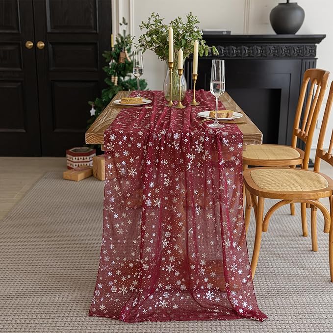 Silvery Snowflake Metallic Print Tulle Christmas Table Runner, Seasonal Winter - Image 8
