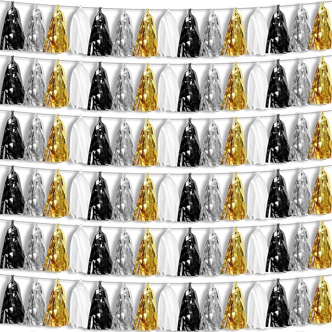 6P Black Gold Silver Foil Fringe Metallic Tassel Garland, Tassels Banner by HYSILLA