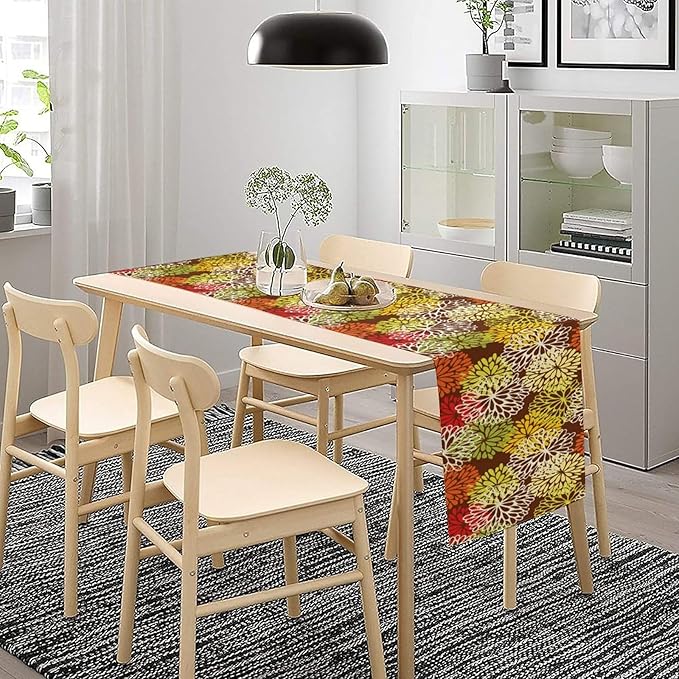 Brown Dahlia Floral Table Runner, Seasonal Autumn Thanksgiving Pattern Print - Image 5