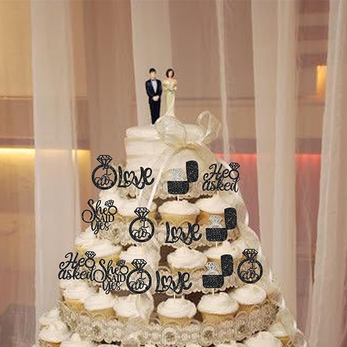 30 PCS He Asked She Said Yes Cupcake Toppers Love I Do Diamond Ring Cupcake - Image 4