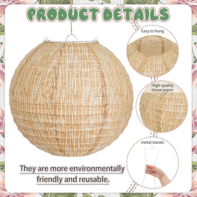 10Pcs 10" Boho Fall Party Decorations, Hanging Round Print Burlap Paper Lanterns - Image 4