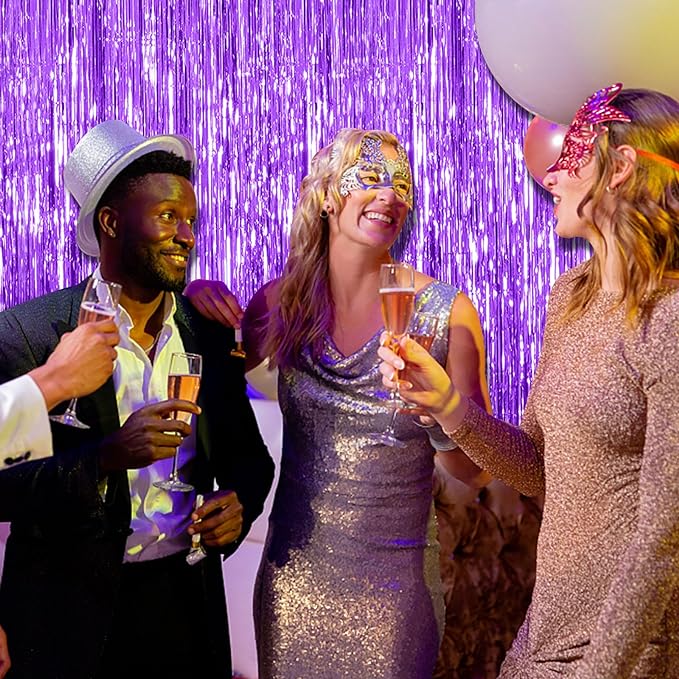 5 Pack Foil Curtain Backdrop Purple Metallic Tinsel Foil Fringe Curtains Photo - Image 3