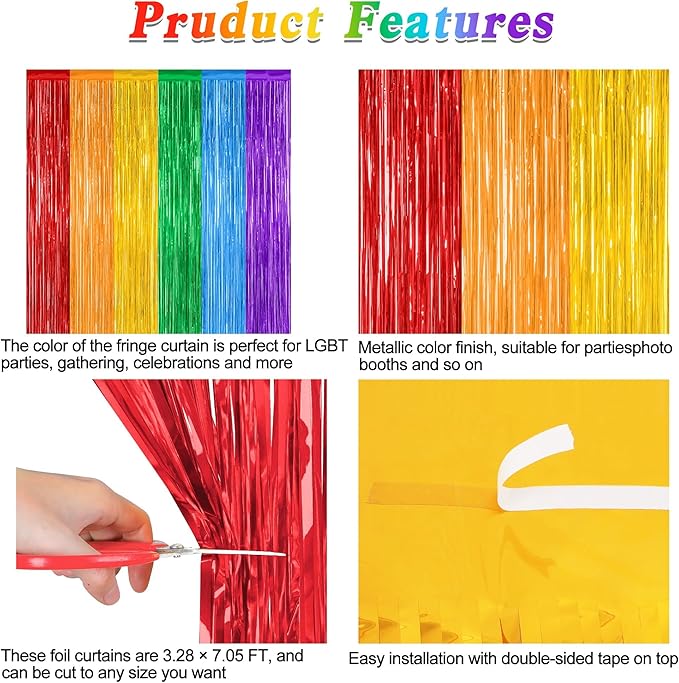 8 Pack Rainbow Backdrop, 3.28 FT x 7.05 FT Backdrop Curtains, Metallic Fringe - Image 4