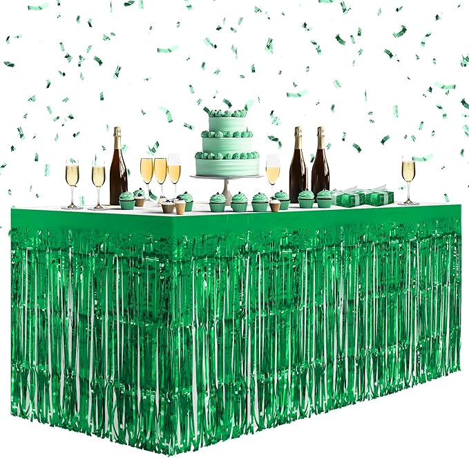2 Pack Green Table Skirts, 29x108" Metallic Foil Tinsel Fringe Table Skirts by Unknown