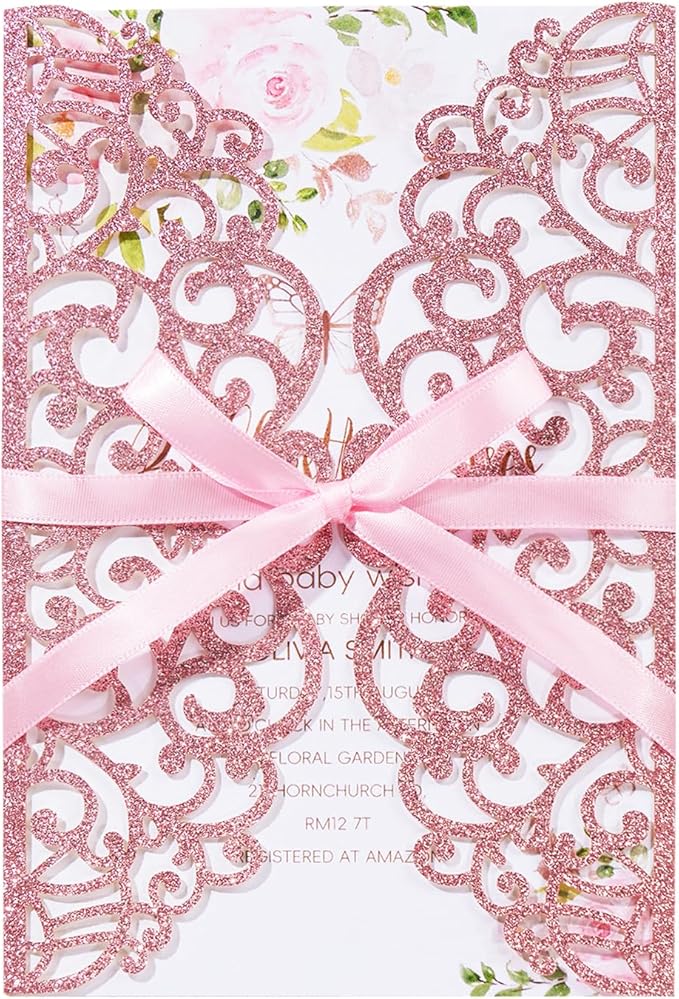 25pcs Glitter Laser Cut Wedding Invitation Kits Pink Personalized Invitation by HomeKitchen