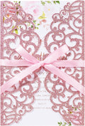 25pcs Glitter Laser Cut Wedding Invitation Kits Pink Personalized Invitation by HomeKitchen
