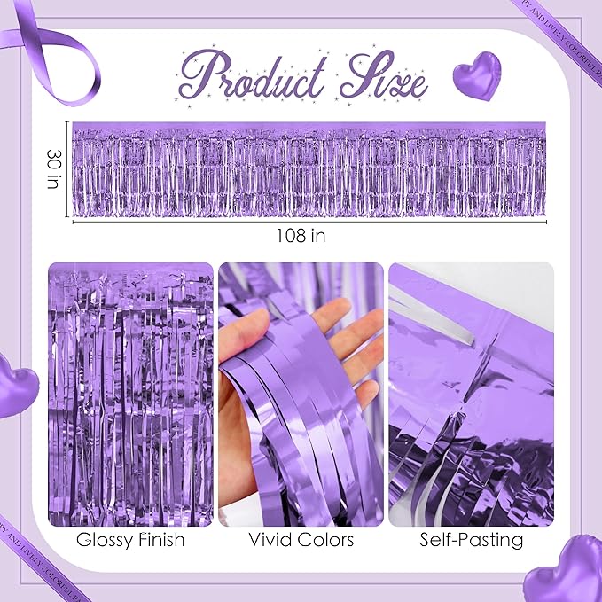 2 Pack Light Purple Table Skirts, 29x108" Metallic Foil Tinsel Fringe Table - Image 3