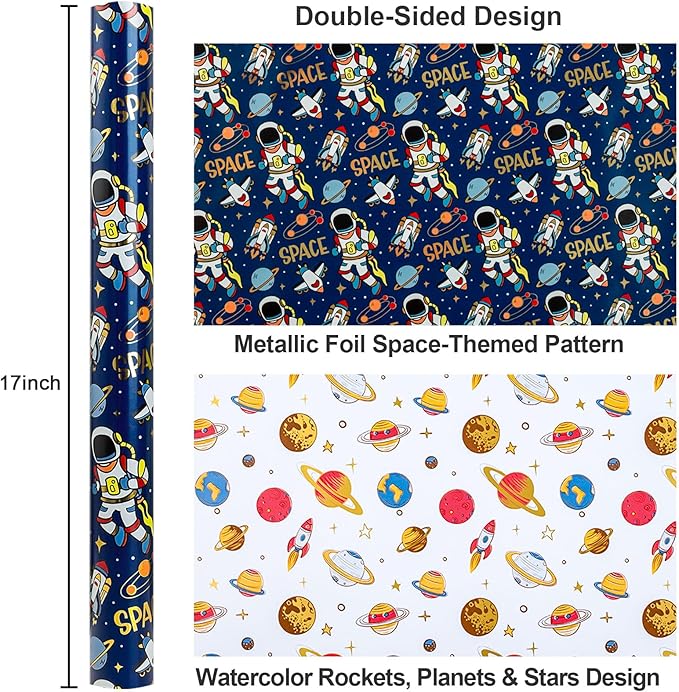 Yarcony Space Wrapping Paper Roll, Birthday Wrapping Paper - Image 3