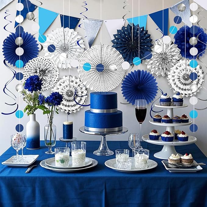 Navy-Blue White Silver Graduation Party-Decorations 33pcs Kits Banner, Paper - Image 3