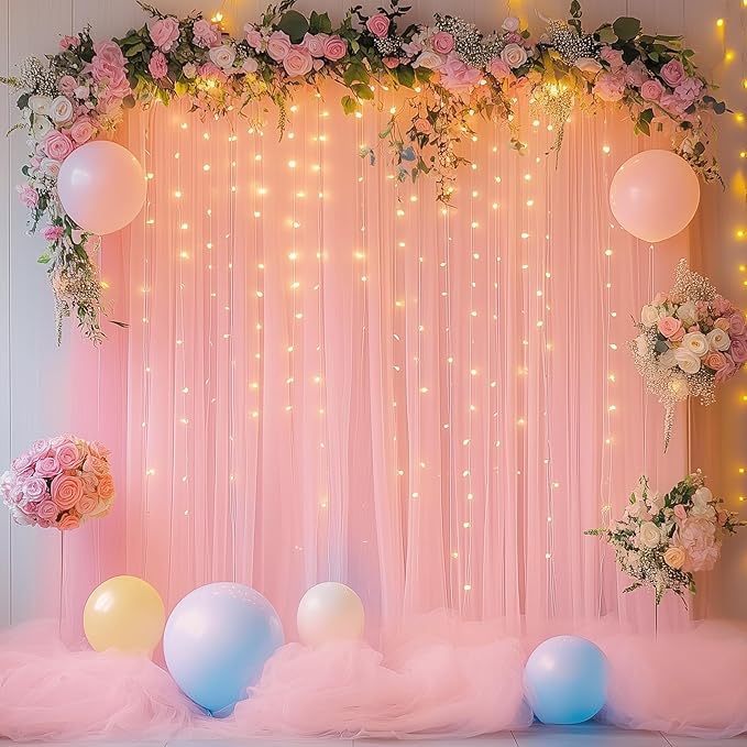 Tulle Backdrop Curtain with Lights String 10FT X 8FT Peach Sheer Tulle Backdrop - Image 6