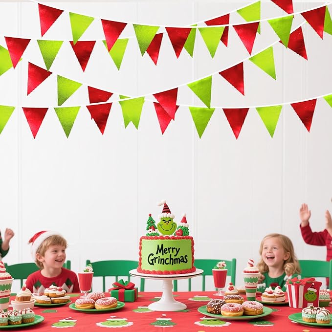 Red and Green Metallic Fabric Triangle Pennant Banner Flag Bunting Garland - Image 5