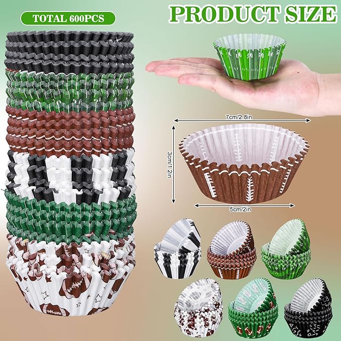 Whaline 600Pcs Football Cupcake Liners 6 Styles Rugby Cupcake Wrappers Baking - Image 2