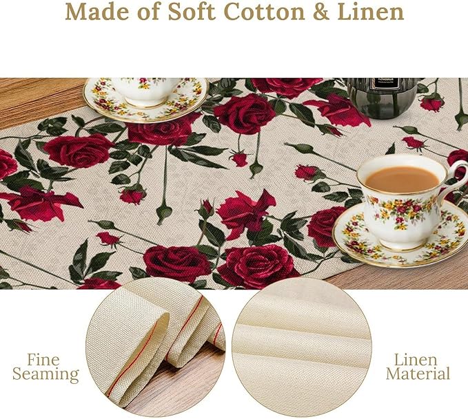 Rose Table Runner, Retro Red Rose Flowers Green Leaves Valentine's Day Kitchen - Image 4