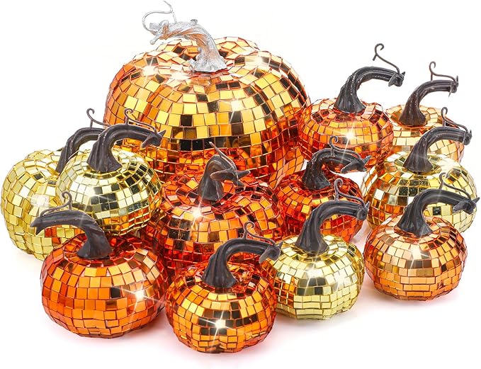 Lenwen 12 Pcs Artificial Disco Pumpkin Glitter Mirror Pumpkin - Image 7