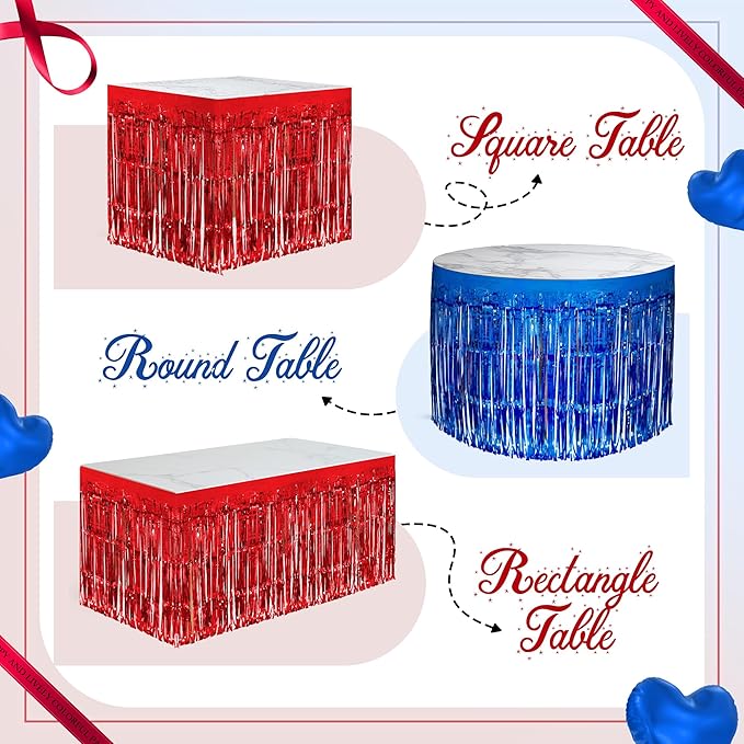 2 Pack Red Dark Blue Table Skirts, 29x108" Metallic Foil Tinsel Fringe Table - Image 4