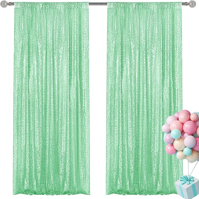 Mint Green Sequin Backdrop Curtain 2 Pieces 2FTx8FT Glitter Photography Backdrop by Unknown