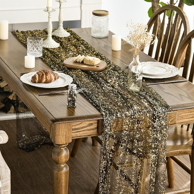 Artoid Mode 3Pcs Black Gold Gauze Table Runner 120 Inch 10FT, Glitter Metallic - Image 3
