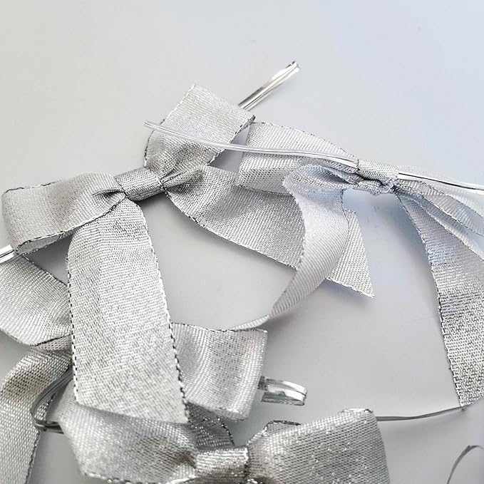 50pcs 3-1/2" Metallic Silver Glitter Ribbon Bows - Image 7