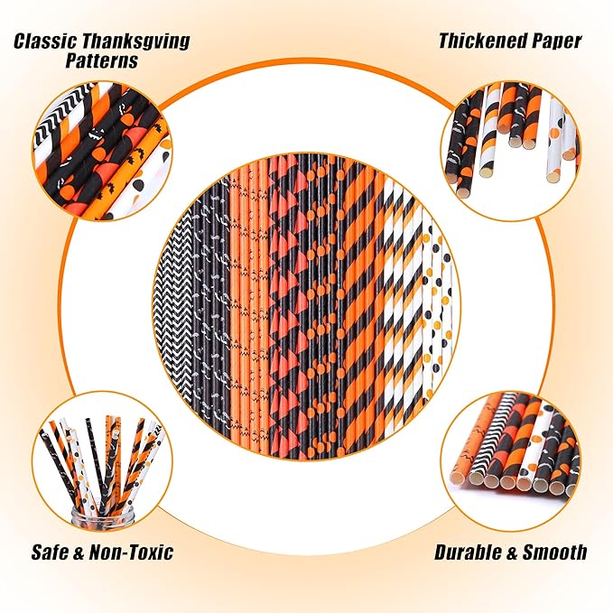 Cooraby 200 Pieces Halloween Paper Straws Pumpkin Bat Spider Web Pattern Straws - Image 3