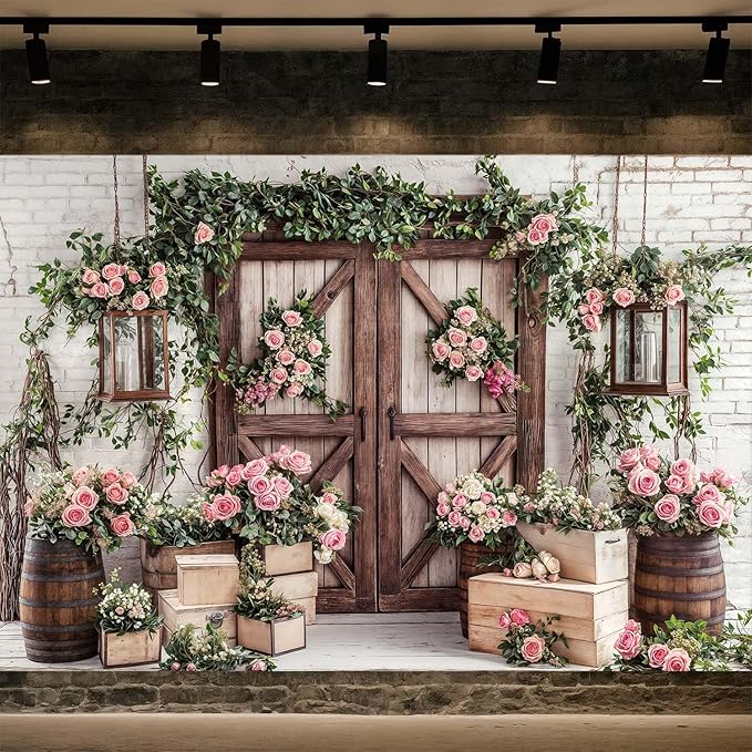 10x8ft Country Wedding Photography Backdrop Floral Rustic Roses Farmhouse - Image 2