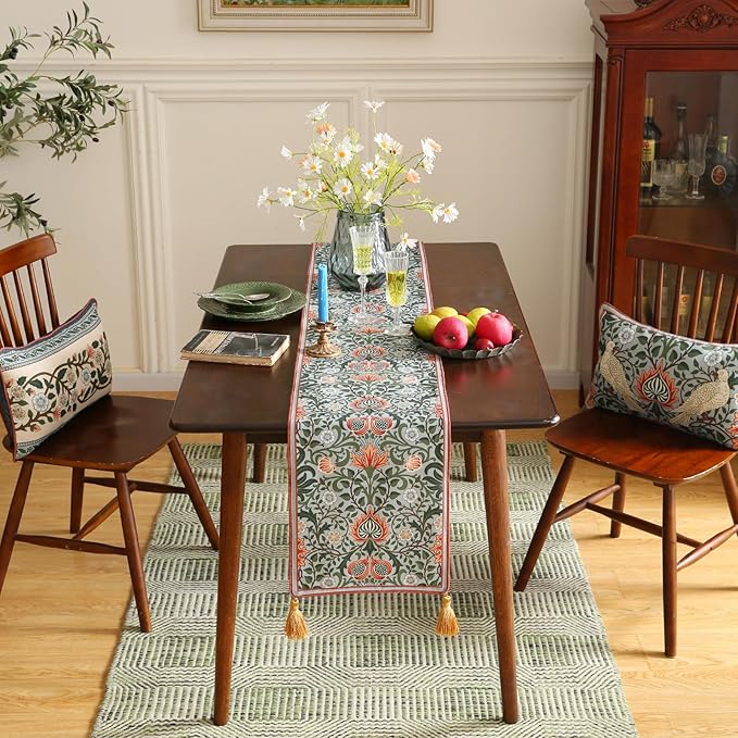 ISAENNE Designer French Green Elegant Linen Table Runner 102 Inches Long - Image 8
