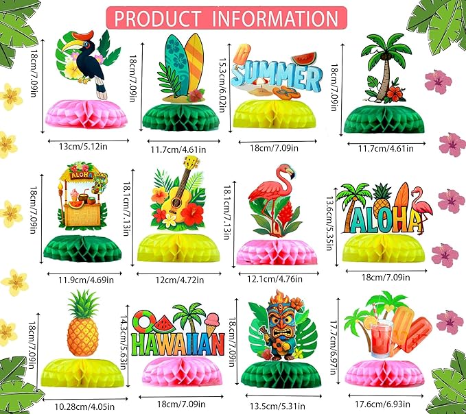 12Pcs Summer Honeycomb Hawaii Table Centerpieces Luau Aloha Table Toppers Tiki - Image 3