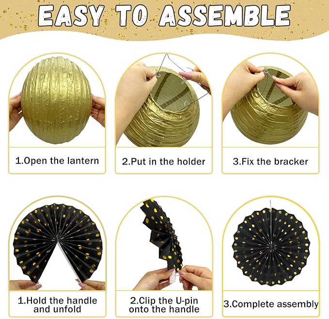 14Pcs Black and Gold Party Decorations, Hanging Paper Lanterns Fans Tissue - Image 3