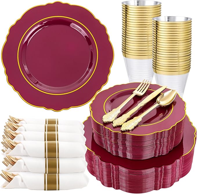 Liacere 350PCS Red Plastic Plates-Disposable Burgundy Red and Gold Plates by Liacere