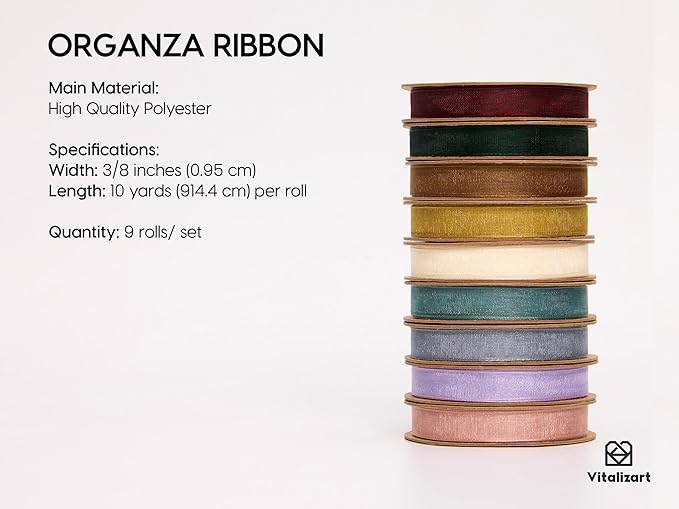 Vitalizart 3/8" x 90 Yards Organza Ribbon Set 9 Rolls x 10 Yd Sheer Ribbon - Image 2