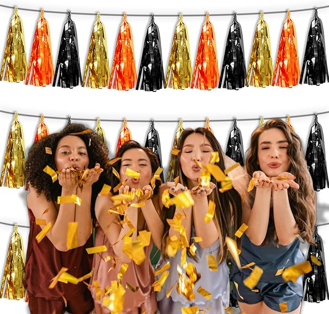 3P Orange Gold Black Metallic Fringe Tassel Banner Garland Foil Tinsel Streamer - Image 6