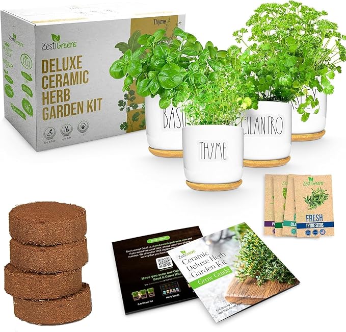 Deluxe Ceramic Indoor Herb Kit 4 Set. Variety Herbs by ZESTIGREENS