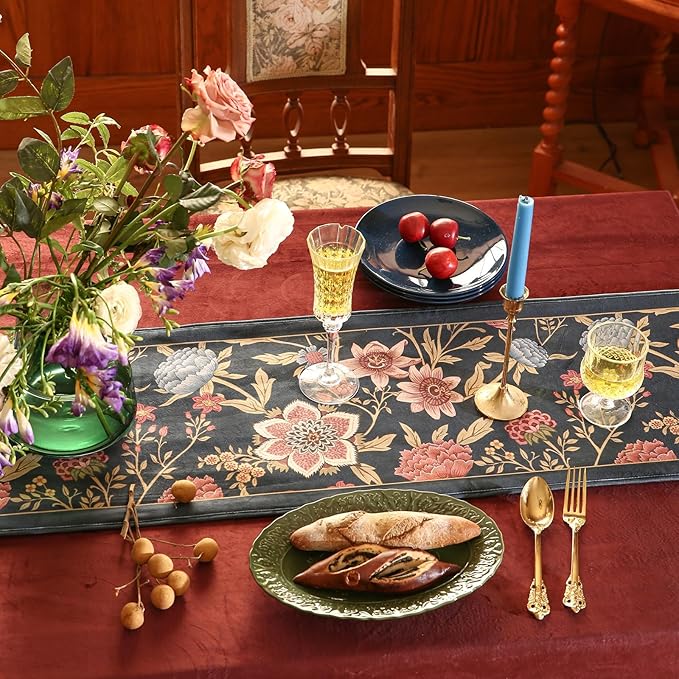 patdrea Designer Vintage Black Floral Velvet Table Runner 87 Inch Long - Image 3