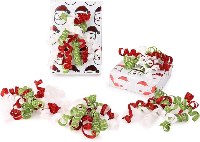 6" Metallic Glitter Red and Lime Green Self Adhesive Curly Ribbon Gift Wrap Bows - Image 3